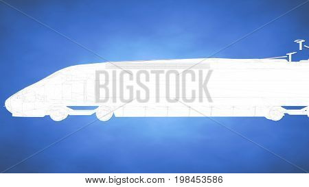 Outlined 3D Rendering Of A Train Inside A Blue Studio
