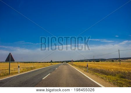 Autovía N-631. Road, horizon, car. Spain. Picture taken - 29 july 2017.