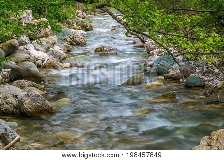 Kolasinskaya River Flows Through The City With A Rapid Flow. Montenegro, Kolasin.