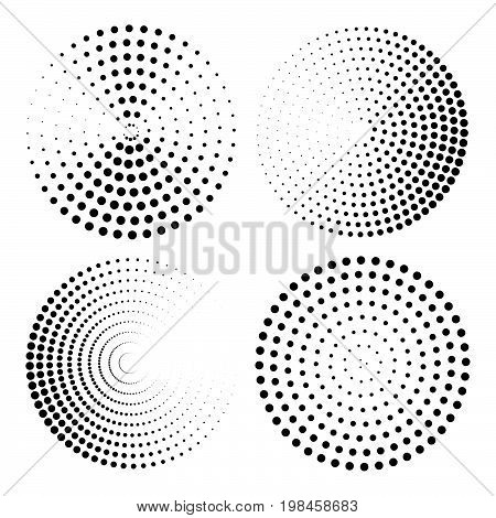 Set of round halftone elements. Abstract halftone background. Black and white vector illustration. Halftone dotted background. Background design element. Pop art popart comic book background decor.