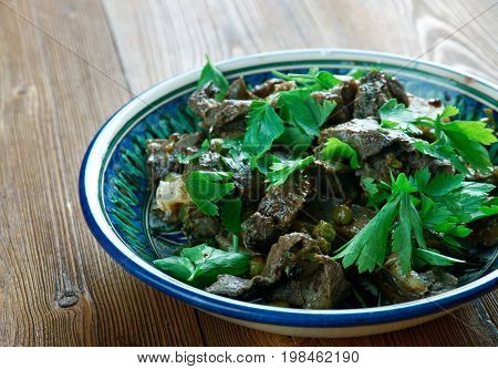 Beef Heart kavurma - Georgian dish, close up meal