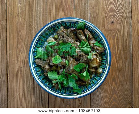 Beef Heart kavurma - Georgian dish, close up meal