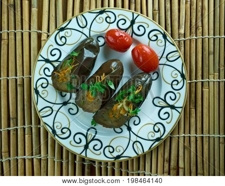 Marinated eggplant stuffed vegetables. Mediterranean Kitchen close up meal