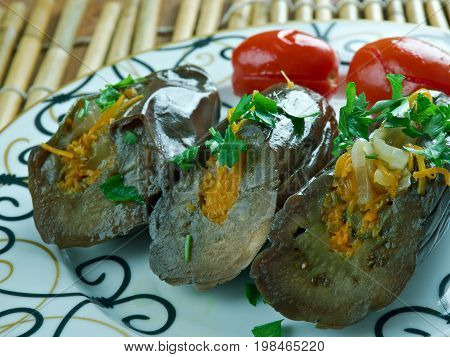 Marinated eggplant stuffed vegetables. Mediterranean Kitchen close up meal