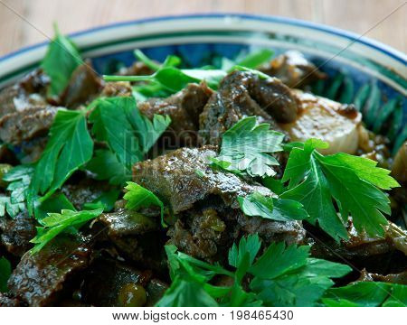 Beef Heart kavurma - Georgian dish close up meal