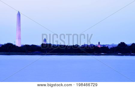 Washington, D.C. skyline at dusk shot across the Potomac River.