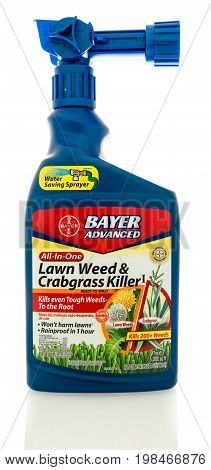 Winneconne WI - 5 August 2017: A bottle Bayer Advanced weed and crabgrass killer on an isolated background.