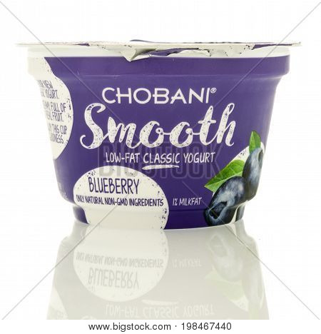 Winneconne WI - 5 August 2017: A package of Chobani smooth yogurt in blueberry flavor on an isolated background.