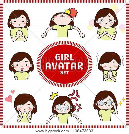 Cute cartoon illustration of girl and woman avatar icon in various activities and mood set 1. Girl icon set in Japanese manga style create by vector