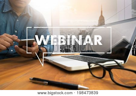 Webinar Hand On Table Use E-business Browsing Connection In Computer, Coffee, Split Tone