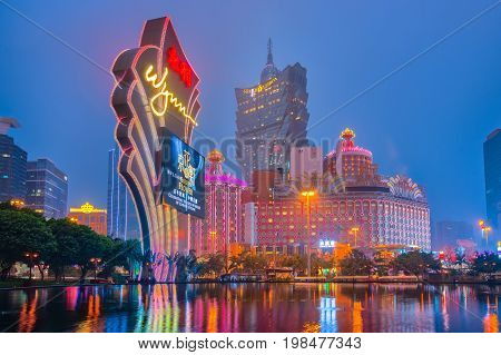 Macao Cityscape At Night With Landmark Buildings