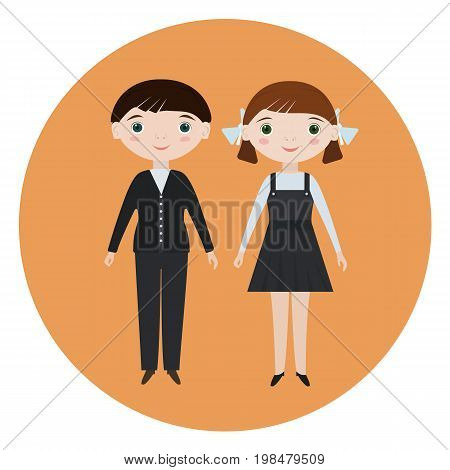 Flat vector isolated smiling schoolboy and schoolgirl. School characters for school posters or Soviet style kids educational books. Elementary primary school pupils in school uniform