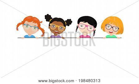 Vector set of multi-ethnic little girls holding a white banner. Funny kids of different races with various hairstyles. Girls in colored glasses