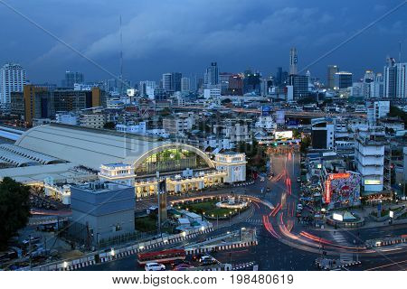 BANGKOK, THAILAND - 29 JULY, 2017 :  Bangkok city skyline Hua Lamphong station Bangkok railway station Thailand.