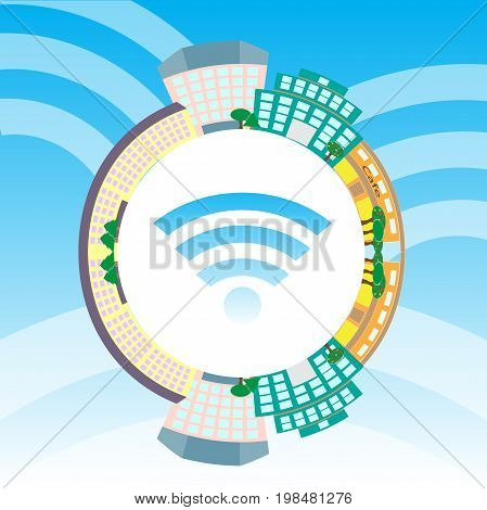 Circle with smart city. Buildings and trees cafe wi-fi. Vector illustration
