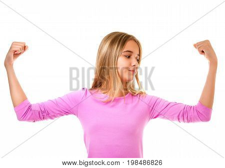 Girl power concept - young teen girl showing her muscular arm for feminine and independent strengthstudio shot