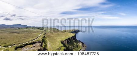 Aerial of the cliffs at Lealt Falls - Isle of Skye - Scotland, United Kingdom
