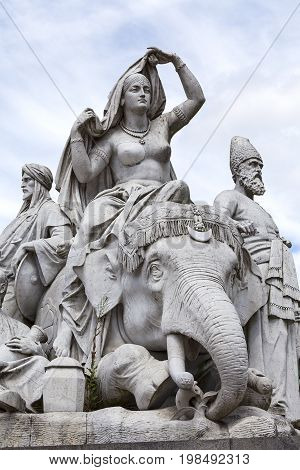 LONDON UNITED KINGDOM - JUNE 23 2017: Prince Albert Memorial Kensington Gardens sculpture at the base of the monument London United Kingdom. It was commissioned by Queen Victoria in memory of her husband opened in July 1872