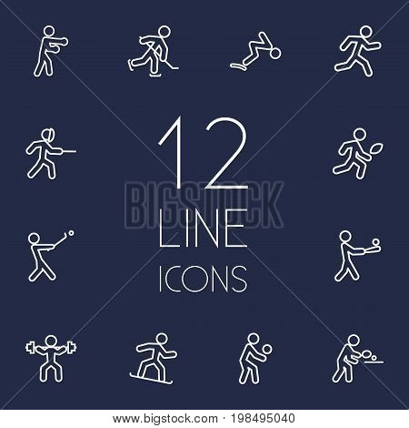 Collection Of Stick, Swordplay, Puck And Other Elements.  Set Of 12 Athletic Outline Icons Set.