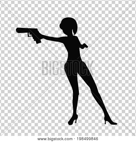 Secret service female agent in black colour shooting with revolver. Sexy woman on duty. Beautiful vector illustration in cartoonish flat style isolated on transparent background.