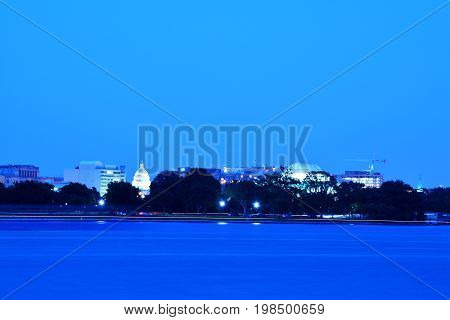 Panoramic photo of Washington, D.C skyline at night.