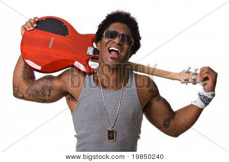 Szép afro-amerikai férfi rock star, egy elektromos gitár