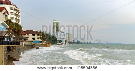 Hua Hin Beach At High Tide. Resort Hotels Are On The Coast, Thailand
