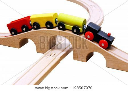 Wooden Toy Train With Colorful Blocs Isolated Over White