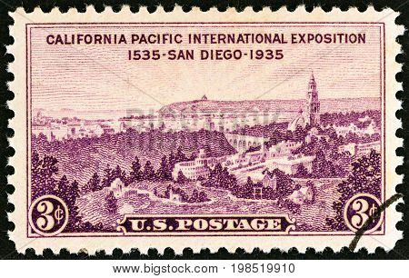 USA - CIRCA 1935: A stamp printed in USA issued for the California Pacific International Exposition, San Diego shows Exhibition Grounds, Point Loma and San Diego Bay, circa 1935.