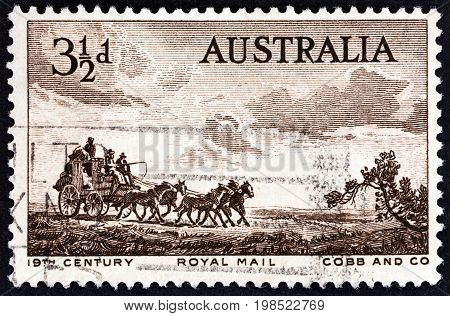 AUSTRALIA - CIRCA 1955: A stamp printed in Australia shows Cobb & Co. Coach (from etching by Sir Lionel Lindsay), circa 1955.