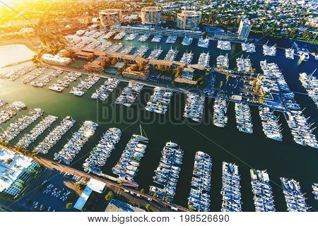 Aerial view of the Marina del Rey seaside community in Los Angeles