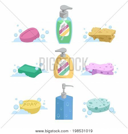 Cartoon clean bath set. Shampoo and liquid soap with dispenser soap and colorful spoonges. Trendy stylized vector icon collection.