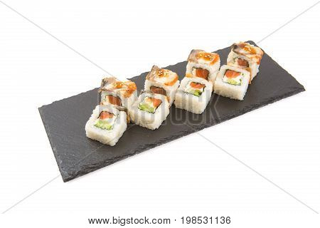 Sushi Roll With Raw Fish Salmon On Shale Food Board On White. Japanese Food