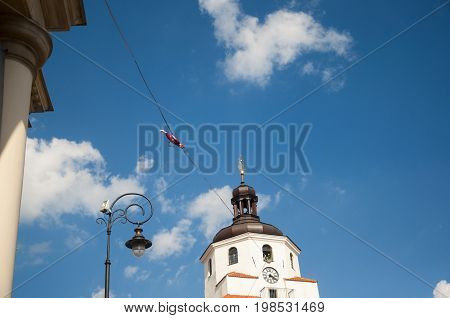 LUBLIN POLAND- 29 july 2017- slackliner in old town at Urban Highline Festival placed in city space of Lublin - biggest slacklining spectacle in the world