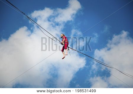 LUBLIN POLAND- 29 july 2017- slackliner in old town at Urban Highline Festival placed in city space of Lublin - biggest slacklining spectacle in the world