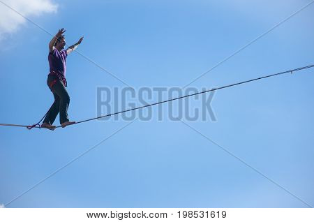 LUBLIN POLAND- 29 july 2017- slackliner in old town at Urban Highline Festival placed in city space of Lublin - biggest slacklining spectacle in the world