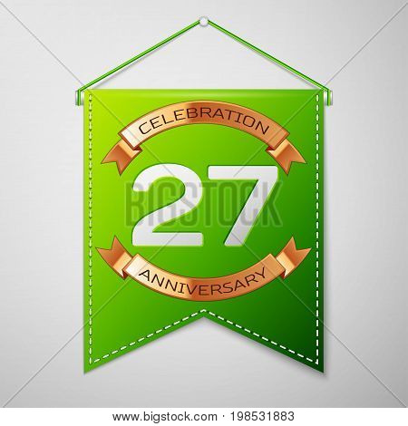 Realistic Green pennant with inscription Twenty seven Years Anniversary Celebration Design on grey background. Golden ribbon. Colorful template elements for your birthday party. Vector illustration