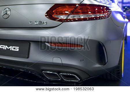 Sankt-Petersburg Russia July 21 2017: Back view of a Mercedes Benz C 63s AMG coupe 2017. Rear light. Car exterior details. Photo Taken at Royal Auto Show July 21
