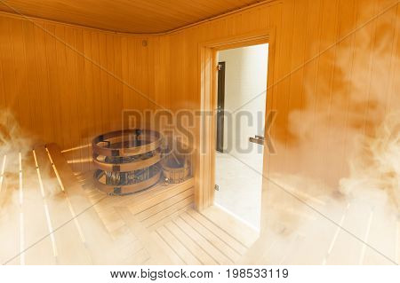 Interior of Finnish sauna, classic wooden sauna, Finnish bathroom