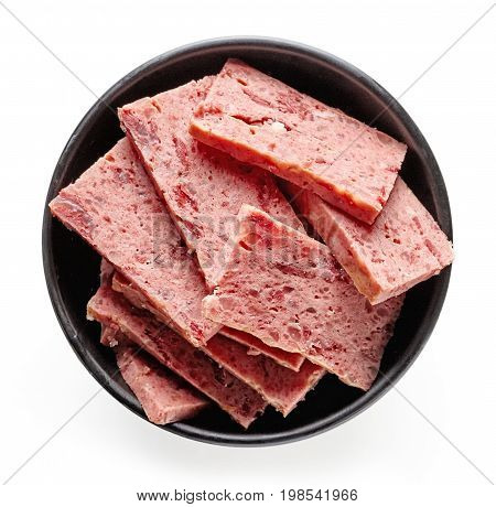 Bowl Of Sliced Ham Isolated On White; From Above
