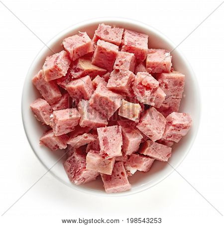 Bowl Of Chopped Ham Isolated On White; From Above