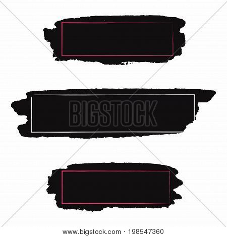 Brush Strokes Set. Black Paint, Inc Brush Stroke With Grunge And Frame. Dirty Texture For Text, Bann