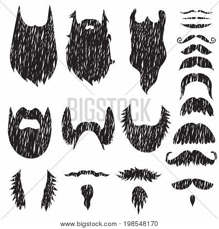 Hand drawn textured mustache silhouettes set. Vector Illustration.