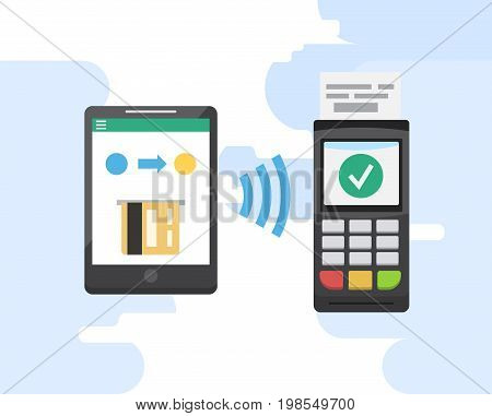 Mobile payments and near field communication. Transaction and paypass and NFC holding phone. Vector illustration