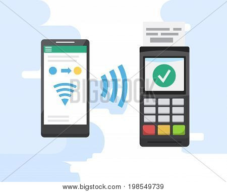 Mobile payments and near field communication. Transaction and paypass and NFC holding phone. Vector illustration