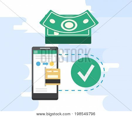 Mobile payments and near field communication. Transaction and paypass and NFC holding phone. Vector illustration