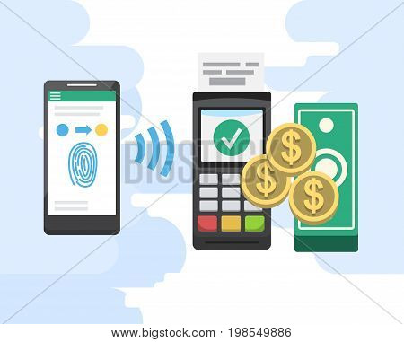 Mobile payments and near field communication. Transaction and paypass and NFC holding phone. Vector illustration