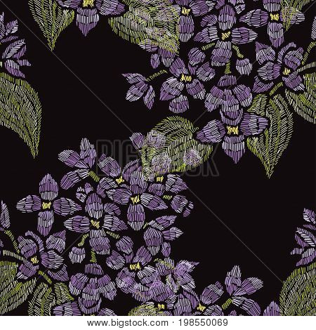 Elegant seamless pattern with hand drawn decorative lilac flowers design elements. Floral pattern for invitations cards wallpapers print gift wrap manufacturing fabrics. Embroidery style