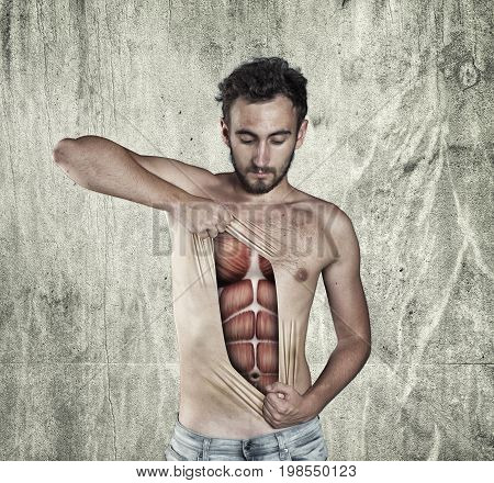 Man ripping off his skin to show off muscle anatomy.