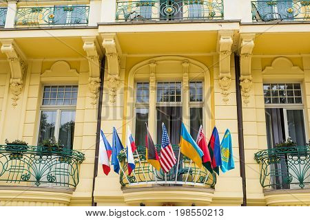 Flags of the World in front of a Buiding.